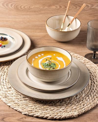 Image of GBHOME Ceramic Dinnerware Sets, 24 pcs Embossed Elegant Stoneware Plates and Bowls Sets, Housewarming Wedding Gift | Dishwasher & Microwave Safe | Dishes Set Service for 8