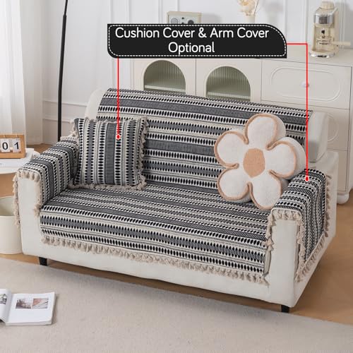 Image of HOKIPO 'Artisan Boho Series' 450 GSM Sofa Cover with Tassels | Multicolor Cotton Acrylic Jacquard Slipcover for 2 Seater Sofa, Size 152x120 cm, Charcoal Black (IN-908-A3)