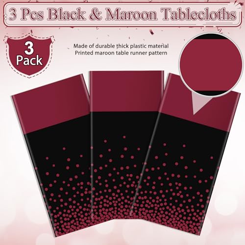 Image of 3Pcs Black and Maroon Tablecloth Party Decorations,Plastic Black Table Cloth Printed Maroon Table Runner Disposable Rectangle Table Cover for Birthday Wedding Graduation Anniversary Party,54x108Inch