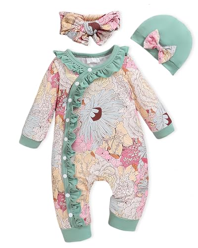 Image of Newborn Baby Girl Clothes Infant Floral Print One-Piece Romper+Jumpsuit+Bodysuit+Hat+Headband