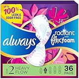 Always Radiant Feminine Pads for Women, Flexfoam Pads with Wings, Size 2, Heavy Absorbency, Lightly Scented, 36 Count