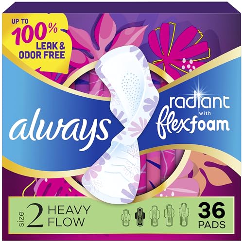 Always Radiant Feminine Pads for Women, Flexfoam Pads with Wings, Size 2, Heavy Absorbency, Lightly Scented, 36 Count