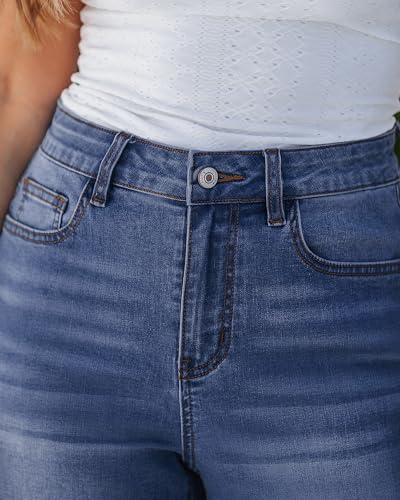 luvamia Jean Bermuda Shorts for Women High Waisted Knee Length Cuffed Long Stretchy Denim Shorts Loose Summer Jorts Classic Blue Size Medium Fits US 8-10