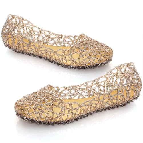 Image of Stunner Women Beach Jelly Shoes Slip On Crystal Summer Hollow Ballet Flats | Summer Cool PVC Breathable Outdoor Indoor Dressy Flat Sandals for Holiday Shopping Spa Swimming Pool