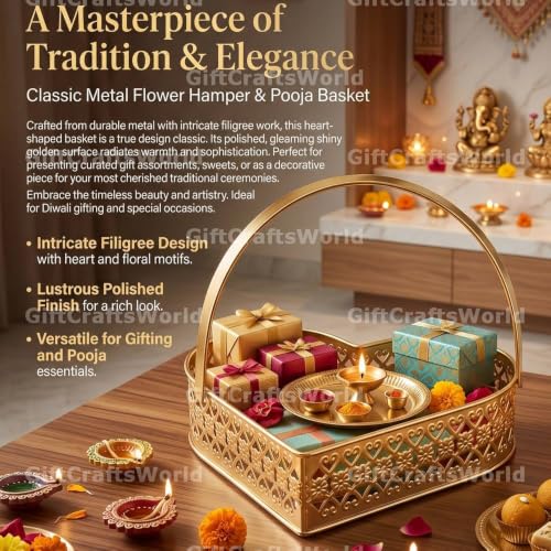 Image of Multipurpose Metal Basket For Gift Hamper, Pooja Temple Storage With Sturdy Handle, Decorative Flower Organizer & Versatile Puja Utility Accessories Home Decoration (Heart Shape)
