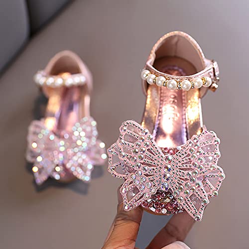 Girls White Dress Shoes Spring and Summer Girls Sandals Dress Performance Dance Shoes Pearl Rhinestone Bow Shoes (Pink #1, 12.5 Little Child)3