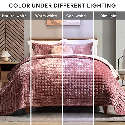 Recyco Luxury Velvet Quilt Set King Size, Lightweight Velvet Comforter Set, Oversized Bedspread Coverlet Quilted Bedding Set, With 2 Matching Pillow Shams, For All Season, Dusty Mauve Pink #TOP6