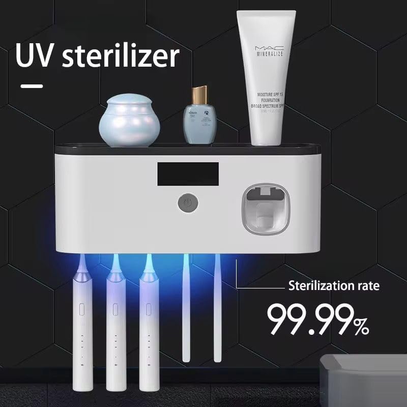 Image of BEBO Creations Rechargeable Toothbrush Holders for Bathroom Wall | 5+1 Slot Toothbrush Holder with UV Sterilizer and Toothpaste Dispenser | Bathroom Organizer | Tooth-Brush Cover Case