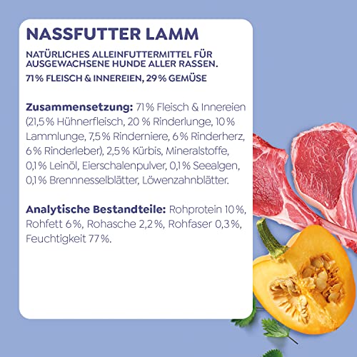 WOW Hundefutter nass Adult mit Lamm, 11x 150g I reichhaltiges Nassfutter für ausgewachsene Hunde aller Rassen I beste Qualität mit viel Fleisch, Kürbis & Brennnessel I hohe Akzeptanz & Verträglichkeit