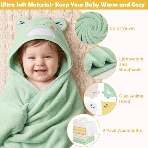 Image of 12 PCS Baby Towels Set, Baby Bath Towels for Toddlers Newborn Essentials | Super Thick Absorbent, Cute Animal Hooded, Soft Cozy, 4 Baby Towels & 8 Washcloths for Boy Girl Gifts (Dog, Duck, Frog, Bear)