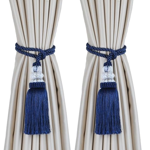 HedongHexi 2 Pack Curtain Tiebacks with Tassel, Outdoor Elegant Decorative Curtain Holdback,Modern Rope Window Curtain Ties Backs for Draperies with Hooks (2, Navy)
