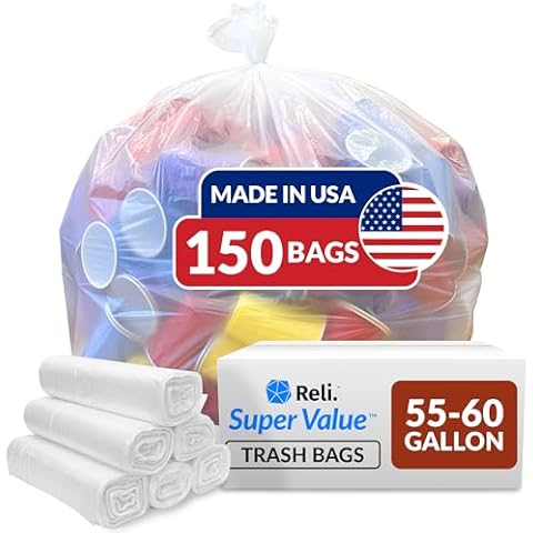 Reli. SuperValue Trash Bags (150 Count Bulk), Made in USA - Clear Heavy Duty 55 Gallon - 60 Gallon Garbage Bag Cover