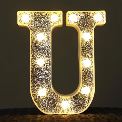Image of Light Up Letters, Marquee Light Letter for Table Decorations, Glitter Light Up Signs for Prom, Events, or Engagement Party Decor, Featuring Alphabet & Number Lighted Letters, Letter U