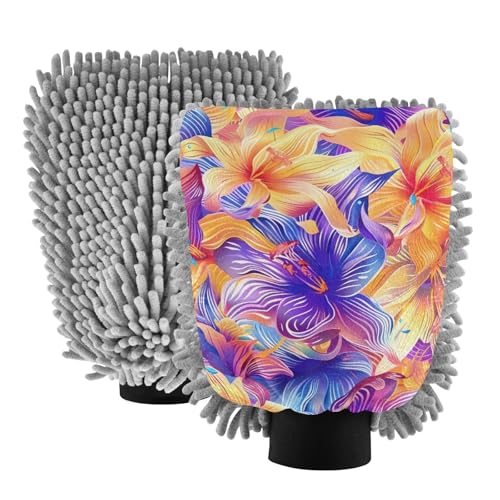 IOACIY Absorbent Microfiber Car Wash Drying Mitts, 2 Pack, Scratch-Free & Lint-Free, Rich Foam, Highly Absorbent, Double Sided, Wash Mitt Perfect for Car Washing, M, Flower (20)