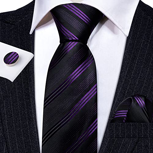 Image of Barry.Wang Man Stripe Ties Set Silk Woven Pocket Square Necktie Cufflinks Formal Party Business