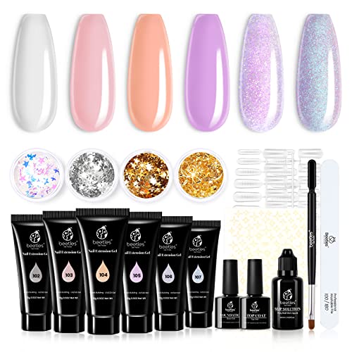 Beetles Poly Nail Gel Kit Extension Nails Builder Gel 6 Poly Colors Clear Pink Glitter with Butterfly Star Decade Slip Solution Poly Nail Gel Brush All In One Poly Nail Enhancement Manicure Kit Mother's Day Gift for Women
