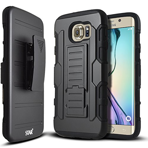 STARSHOP Compatible with Samsung Galaxy S6 Edge Case, Dual Layers Kickstand with [0.33m 9H Tempered Glass Screen Protector Included] and Locking Belt Clip (Black)