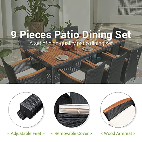 Devoko Outdoor Patio Dining Set, 9 Pcs Outdoor Patio Furniture Set, Patio Conversation Set With Acacia Wood Table Top, Rattan Outdoor Dining Table And Chairs For Backyard, Garden, Deck #TOP1