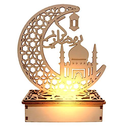 MNJR Ramadan LED Lampe Holz Ramadan Deko Eid Mubarak Dekoration, Mond Stern Ramadan Festival Dekoration Halbmond Nachtlicht für Muslimische Festival Dekorative Ramadan Gebetszubehör (D) Cover