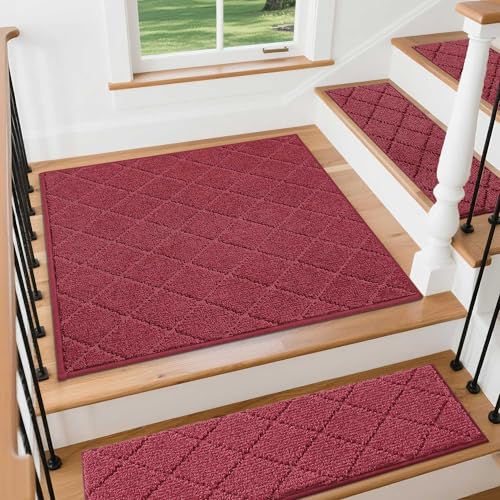 Image of COSY HOMEER Stair Landing Rugs Non-Slip Corner Indoor Edging Stair Treads for Wooden Steps,Washable Soft Stair Landing Mat for Kids,Elder and Dogs,Polyester,TPE Backing,Red,30x30inch