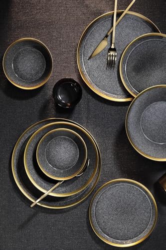 Elegante juego de cena de 16 piezas, color negro y dorado, 100% porcelana, incluye platos de servicio, platos de postre y cuencos, perfecto para experiencias de comedor con estilo