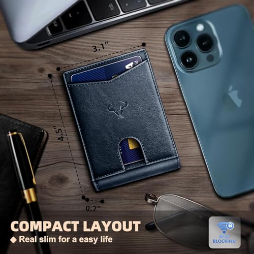 Image of Contacts Slim RFID Blocking Leather Wallet for Men - Minimalist Bifold Card Holder with 11 Slots, ID Window & Cash Pocket - Front Pocket Wallet Gift for Daily Use & Travel (Blue)