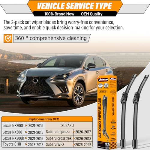 Image of AUTOBOO Windshield Wiper Blade Replacement for Subaru Crosstrek 2018-2026 | Fits Crosstrek /Impreza 2018-2026, Lexus NX200t /NX300 2015-2021, Toyota C-HR; 26 inch+16 inch, OE fit, all-weather