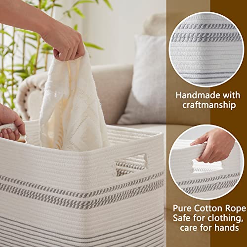Sixdove Laundry Hamper, Large Woven Rope Tall Laundry Basket With Handles, 22" X 17" X 13", Decorative Storage Basket For Clothes And Blankets In Living Room, Bedroom, Grey & White #TOP3
