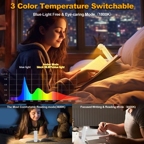 HIONXMGA Book Reading Light,Silent Touch Book Lamp for Reading in Bed,Rechargeable Clip on Booklight with 3 Amber Colors & Precise Dimming for Night Reading,Best Gift for Book Lovers,Kids,White - Thumbnail 2
