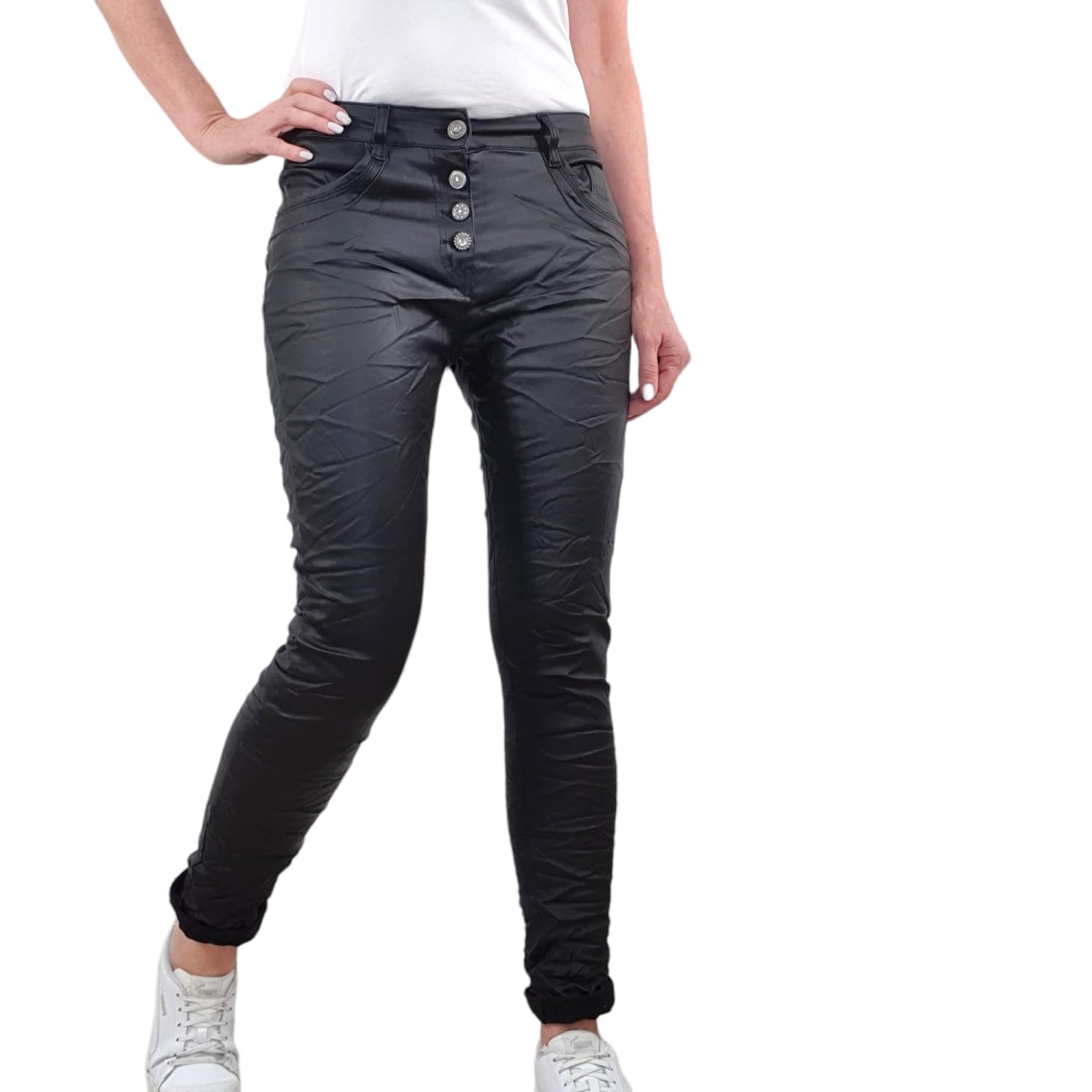 Jewelly Pantalon stretch en faux cuir pour femme - Coupe boyfriend - Avec boutonnière ouverte
