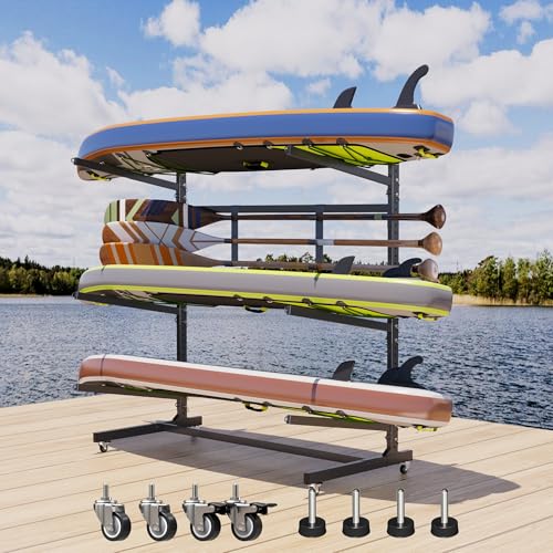 METALYEYE Upgrade 59 '' W 3 Levels Outdoor Indoor Kayak Storage Rack with Wheels & Paddle Hook,Heavy Duty Metal Storage Rack for Kayak, Canoe, Surfboard & Paddleboard,Black