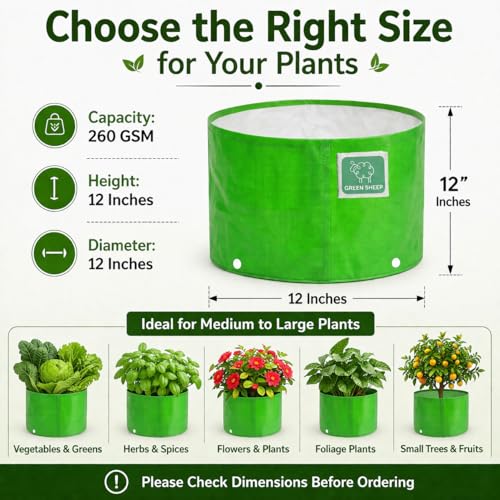 Image of GREENSHEEP HDPE Grow Bag Heavy Duty 260 GSM Round Plants Flower Growing Bags Floor Standing Mount Type for Home Garden Balcony Terrace Kitchen Nursery (Green, 12x12 inch, Pack of 20)