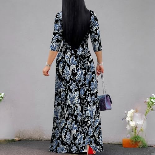 Image of PinkPatty Plus Size Maxi Dress for Women Casual V Neck 3 /4 Sleeve Boho Printed Long Dress with Pockets
