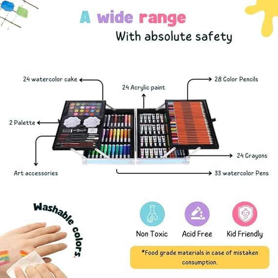 Image of 145 Pieces Art Set for Kids. 145 Pcs Color Set. Unicorn Painting Box. Drawing Colour Pencils, Oil Pastel, Watercolours, Sketches, Crayons & Paint Brush. Vanity Color Box for School Project. Pink.