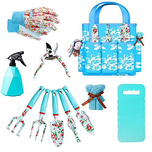 Product Image of the JUMPHIGH Floral Garden Tools Set, 11 PCS Heavy Duty Gardening Tools Includes Hand Trowel Rake Weeder Pruner Sprayer, Gardening Gifts for Women, Garden Kit with Storage Tote Bag and Garden Gloves