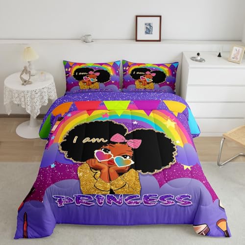 Image of Erosebridal Black Girls Full Comforter Set African Princess Bedding Set Dreamy Rainbow Magical Comforter Cute Little Princess Bed Sets for Kids Melanin Bedroom Decor (1 Comforter, 2 Pillowcases)