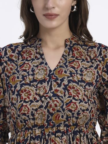 Image of Women's Fit and Flare Dress I Pure Cotton Long Summer Maxi Dress I V-Neck I Casual Wear I Printed Kalamkari Floral Middi