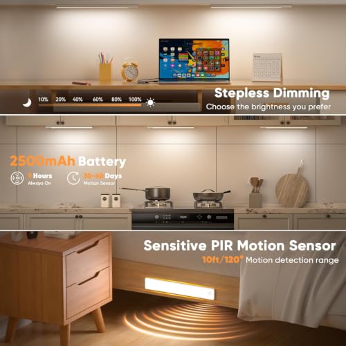 Image of 6 Pack 13inch Under Cabinet Lighting, 3 Color Temperatures Motion Sensor Light Indoor, USB Rechargeable Battery Operated Closet Lights, Dimmable LED Cabinet Lights, Under Counter Light for Kitchen