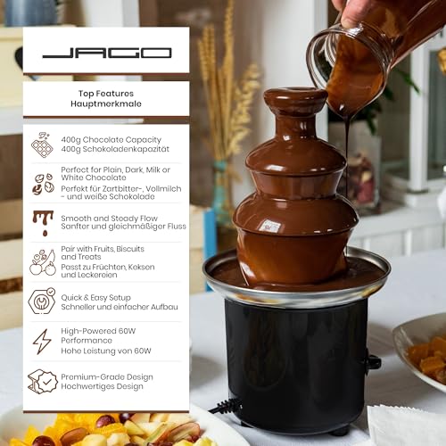 Foto von Jago® Schokoladenbrunnen 60W - 3 Etagen, 400 gr Kapazität, Edelstahl, Spül­ma­schi­nen­fest, Rot oder Schwarz - Schokobrunnen, Schokofondue, Schokoladenfondue (Schwarz)