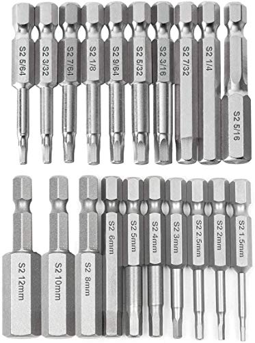 Bestgle 20pcs 1/4 Inch Hex Shank Hex Head Screwdriver Bit Set (10pc Metric & 10pc SAE) Magnetic Hex Head Allen Wrench Drill Bit Set, 2.36inch 60mm Length