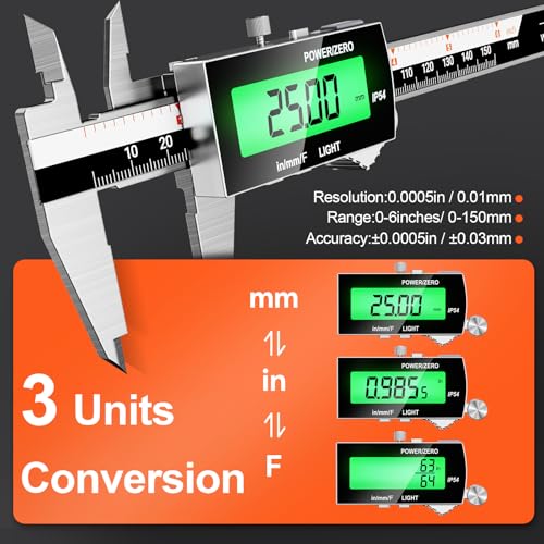 Preciva Backlight Digital Caliper,6inch IP54 Waterproof Rechargeable Electronic Micrometer with LCD Screen, Measurement Conversions for in/MM/F Precision Tool for DIY and Professional Use (Black)