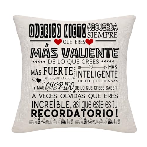 Bommex Querida Nieto Recuerda Siempre Que Eres más Valiente de lo Que Crees Regalo Inspirador Funda de cojín para Nieto de la Abuela Abuelo Nieto Cumpleaños Graduación Navidad Regalo (Querido Nieto)
