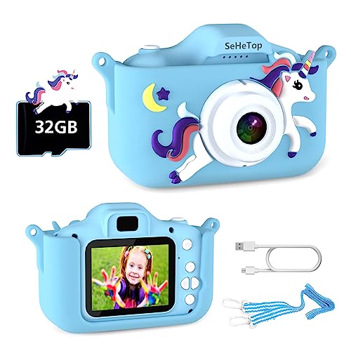 SeHeTop Camara Fotos Infantil, 1080P HD Video cámara Fotos niños,Juguetes niños 3 4 5 6 7 8 9 10 años,Juguetes con cámara para niños y niñas, Regalos de cumpleaños, scon Tarjeta SD de 32 G (Azul)