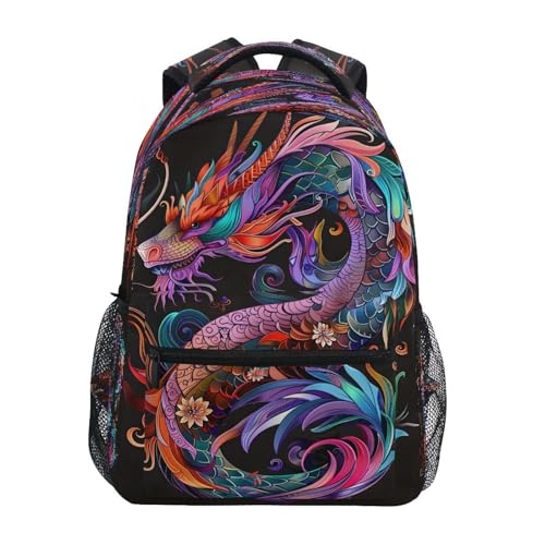 Colorful Dragon Flower Black Backpack for School Boys Girls Adults Kids Bookbag Laptop Bag 15L