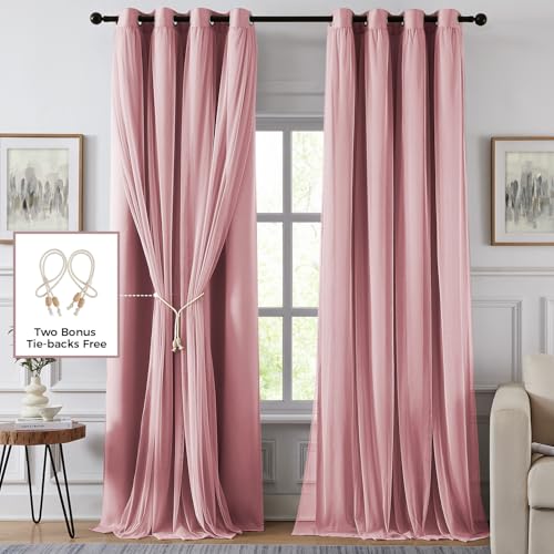 Image of 100% Blackout Curtains for Bedroom, Double Layer Pink Curtains, Black Out Curtain 84 inch Long with Sheer Overlay for Living Room, Room Darkening Window Drapes with Grommet, 52 inch W x 84 inch L