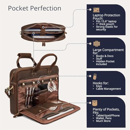 16 Inch Full Grain Leather Laptop Messenger Briefcase Bag for Men - Leather Satchel for Business Travel and Office Crossbody Shoulder Bag - Brown4