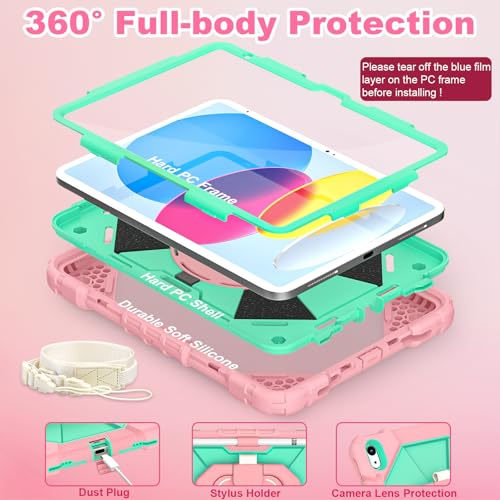 Image of WESOROL Case for iPad (A16) 11th /10th Generation 2025 /2022 with Screen Protector 360 Rotating Stand Pencil Holder iPad Case10th Generation Shockproof Cover for iPad 11th /10th Gen Case,Rose Mint