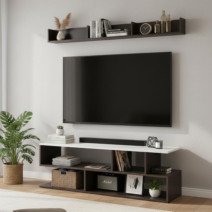 FURNEASER Casco Engineering Wood Floor TV Cabinet/Entertainment Unit/Set Top Box Stand/TV Table with Storage Rack, for 43 Inch TV (Wenge & White)-image-34