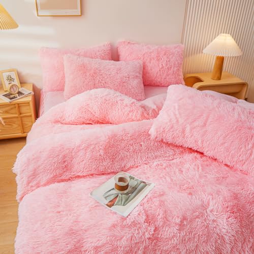 Erloxo FUZZY BEDDING Fluffy Pink Comforter Cover Set King,Fluffy Fuzzy Plush Pink Bedding 3Pcs (1 Faux Fur Duvet Cover +2 Faux Fur Pillowcases) Pink Fluffy Bed Set(Pink thumb #8