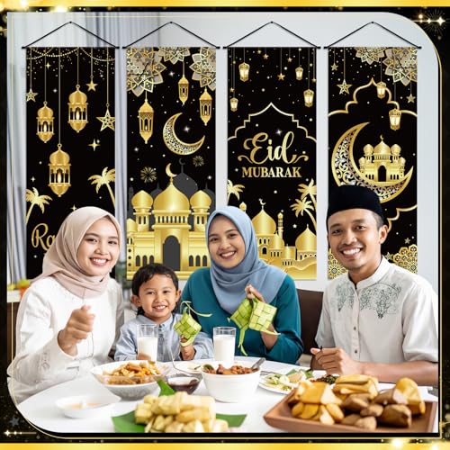Image of Panelee 4 Pcs Ramadan Mubarak Porch Sign Banners Black Gold Eid Mubarak Decorations Muslim Ramadan Kareem Door Banner Backdrop for Home Doorway Indoor Outdoor Wall Hanging Decor